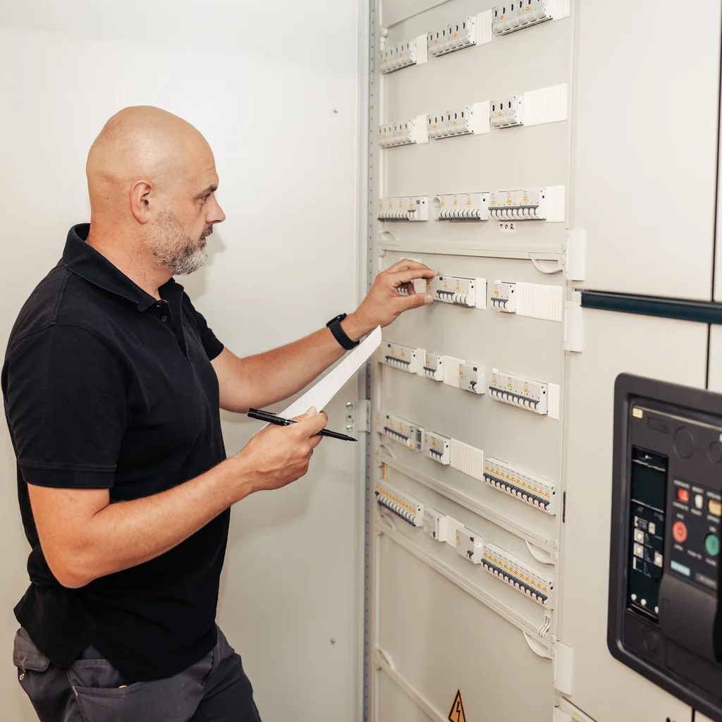 Elektriker notiert Positionen am Verteiler